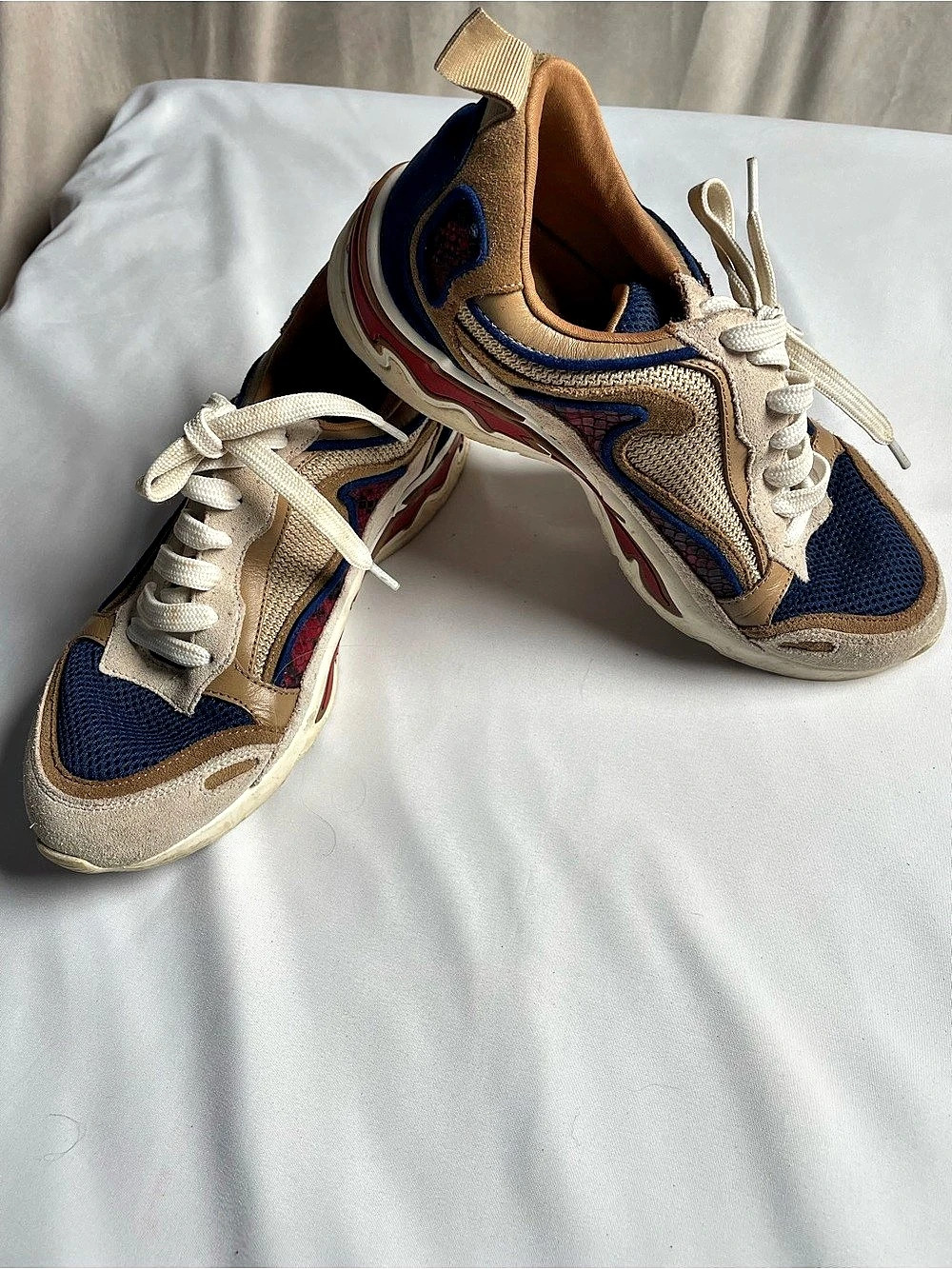 Sandro Paris Flame Sneakers Women’s EU 36 US 5 Beige Blue Red Leather Mesh